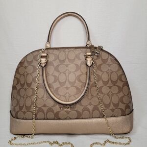 Coach Sierra Large Dome Satchel Signature Khaki Platinum Custom Gold Chain Strap